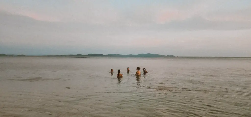 People wading in shallow water near the shore at dusk, possibly in the Philippines.