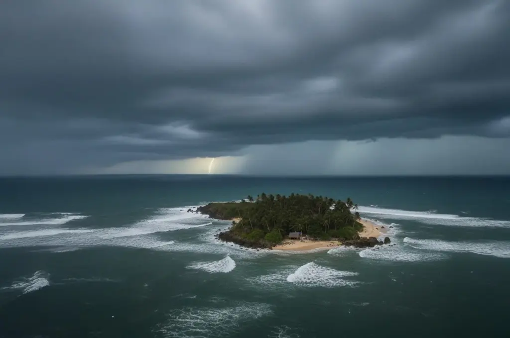Tropical island with palm trees under a stormy sky with lightning strike near the Philippines.