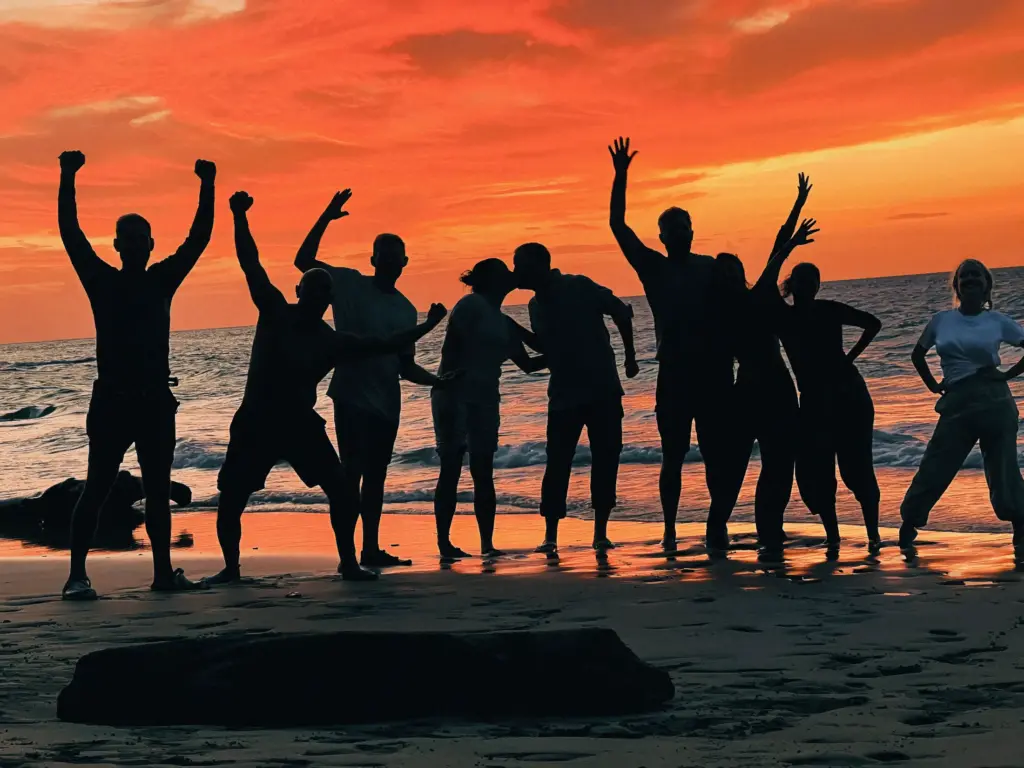 The World Feels Dangerous Right Now. Here Is What That Actually Means for a DIS Expedition. Group of people silhouetted against a vibrant sunset on a beach. Celebration scene.