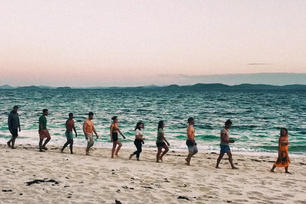 The World Feels Dangerous Right Now. Here Is What That Actually Means for a DIS Expedition. Group of people walking on a sandy beach next to ocean water.