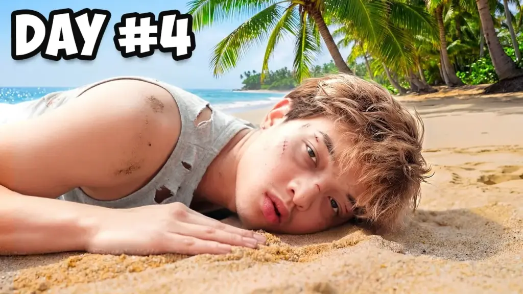Man stranded on beach, "Day #4" text overlay. Survival challenge.