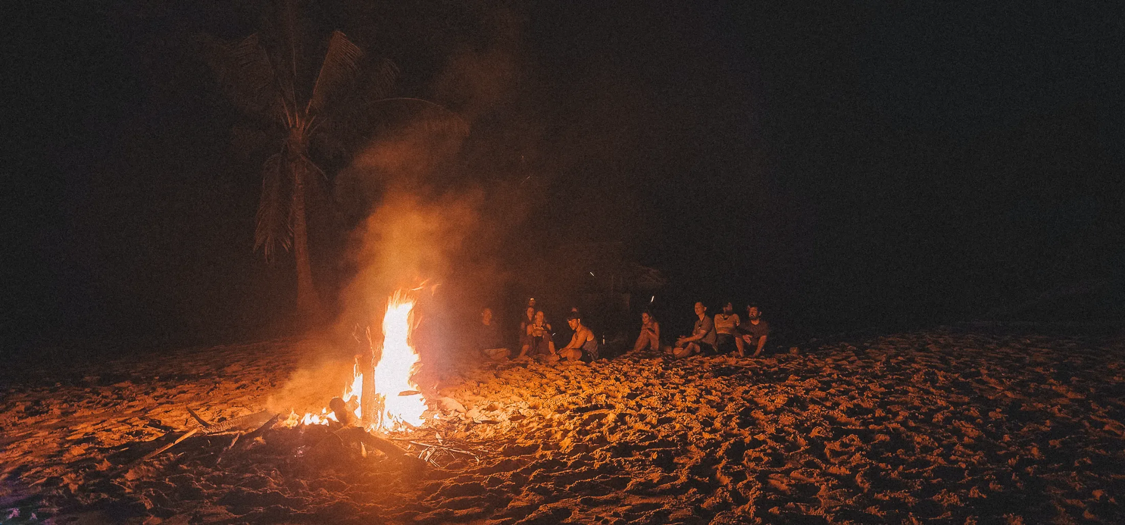 Small group of people around a campfire on a beach at night