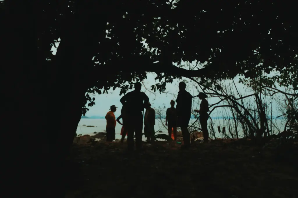 Silhouetted group on a beach under trees, possibly on a survival expedition.