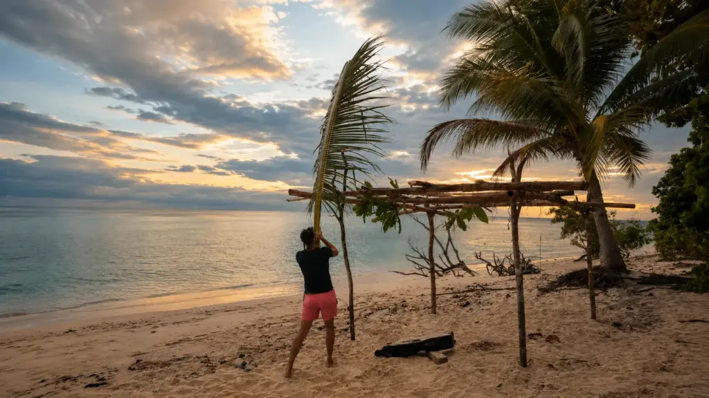 Person gathering palm fronds on a sandy beach with turquoise ocean