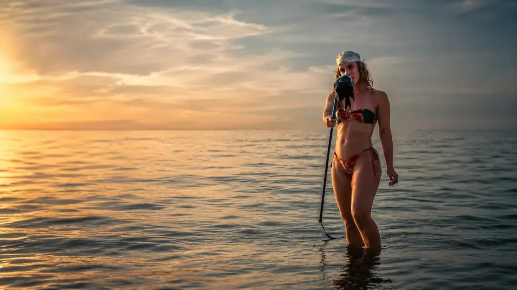 Woman in bikini sings into microphone in the ocean at sunset