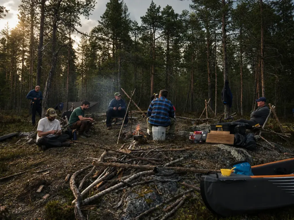 Group of people camping in a forest with a campfire