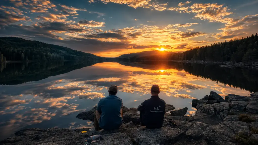 Two people watch a dramatic sunset over a calm lake surrounded by forests.